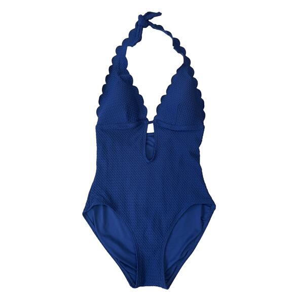 Kate Spade Marina Piccola Scallop Halter Plunge One Piece Navy Swimsuit - Small - Picture 3 of 11